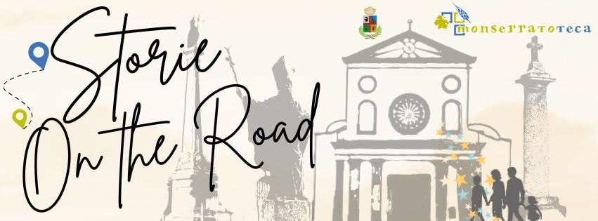 Banner Storie on the road, sullo sfondo compaiono, stilizzati, dei monumenti di Monserrato