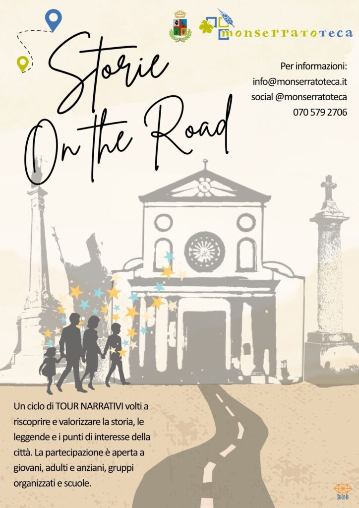 Locandina Storie on the road, persone che camminano verso uno sfondo creato con una composizione di monumenti monserratini